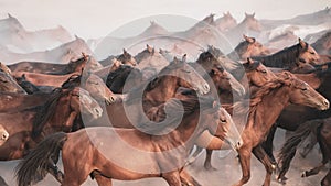 Horses running and kicking up dust. Yilki horses in Kayseri Turkey are wild horses with no owners