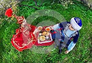 Kazakh couple in the garden