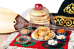 Kazakh food, dombra and hat