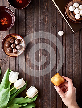 Kazakh national food and tulips on Nauryz festival