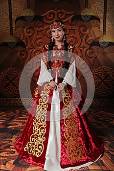 Kazakh national wedding dress. Ornaments and embroidery on fabric.