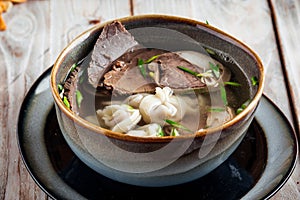 Kazakh style soup sorpa with kazy horse meat