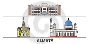 Kazakhstan, Almaty flat landmarks vector illustration. Kazakhstan, Almaty line city with famous travel sights, skyline