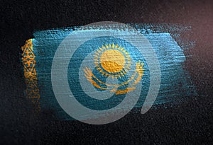 Kazakhstan Flag Made of Metallic Brush Paint on Grunge Dark Wall