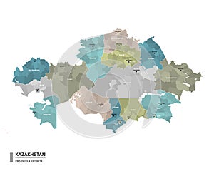 Kazakhstan higt detailed map with subdivisions. Administrative map of Kazakhstan with districts and cities name, colored by states