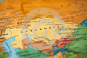 Kazakhstan on a map. Selective focus on label photo