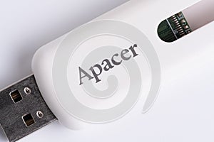 Kazakhstan May 15, 2024.Flash drive with apacer logo on white background
