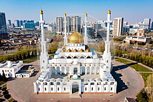 Kazakhstan. Nur Astana Mosque. Nur Astana Meshiti. White mosque with gold domes. Modern architecture of capital of the