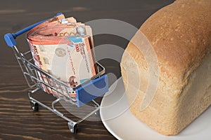 Kazakhstan tenge KZT in a grocery basket with bread. Rising food prices and groceries in Kazakhstan and other countries.