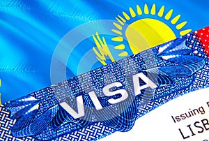 Kazakhstan Visa in passport. USA immigration Visa for Kazakhstan citizens focusing on word VISA. Travel Kazakhstan visa in