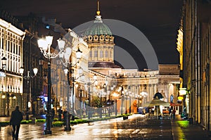 Kazan Cathedral and Nevsky Prospect at night lights old houses Saint Petersburg