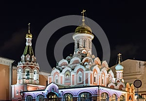 Kazan Cathedral at night in Red Square, Moscow, Russia