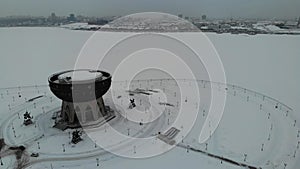 Kazan Family Center Viewpoint Tatarstan. Winter frozen river and Kremlin Aerial
