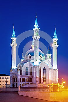 Kazan Kremlin illuminated at night. Kul-Sharif Mosque. Russia. Tatarstan.