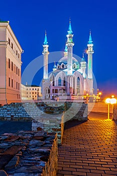 Kazan Kremlin illuminated at night. Kul-Sharif Mosque. Russia. Tatarstan.