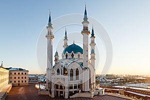 Kazan Kremlin, the Kul-Sharif mosque in the rays of sunset.