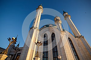 Kazan Kremlin, the Kul-Sharif mosque in the rays of sunset.