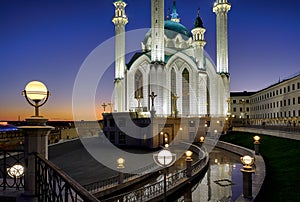 Kazan Kremlin at night, Tatarstan, Russia. Scenery of Kul Sharif mosque