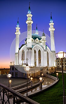 Kazan Kremlin at night, Tatarstan, Russia. Vertical view of Kul Sharif mosque