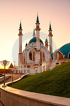Kazan Kremlin at sunset, Tatarstan, Russia. Vertical sunny view of Kul Sharif mosque