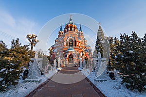 Kazan Orthodox church Icon of the Mother of God in  city center of Irkutsk in winter season, Russia, Siberia