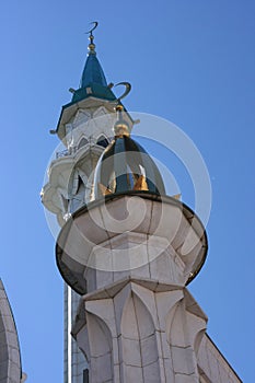 Kazan, Russia - June 20 2021 - beautiful view of the Kul-Sharif mosque during sunny summer day in Kazan kremlin. Islamic architect