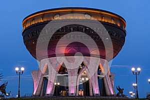 Kazan, Russia - September 23, 2019: Family center and wedding palace Kazan in the evening. The main wedding palace in Kazan and