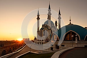 Kazan at sunset, Tatarstan, Russia. Kul Sharif mosque in Kazan Kremlin in sunlight