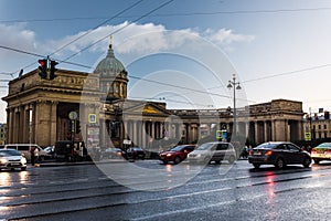 Kazanskiy Cathedral in Saint Petersburg in Russia, traffic during the white nights