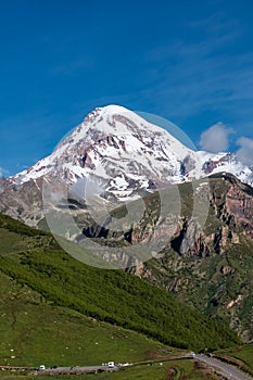 Kazbek or Kazbegi mountain,near the Gergeti Trinity Church ,village Stepantsminda in Georgia ,At an altitude of 2170 meters,