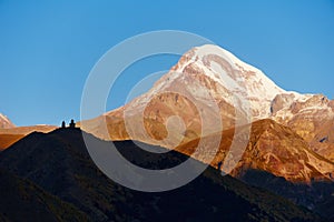 Kazbek Mount panorama with Gergeti Christian church