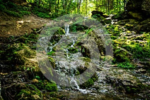 Kazu Grava waterfall in the middle of a beautiful green and lush forest illuminated by the sunlight in Latvia photo