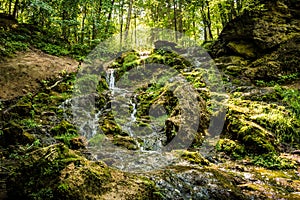 Kazu Grava waterfall in the middle of a beautiful green and lush forest illuminated by the sunlight in Latvia photo