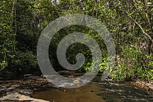 Kbal Spean waterfall and jungle in Cambodia mountains