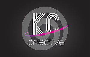 KC K C Letter Logo with Lines Design And Purple Swoosh.