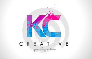 KC K C Letter Logo with Shattered Broken Blue Pink Texture Design Vector.