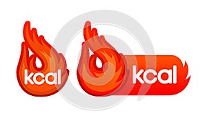 Kcal fire icon and label. Energy fat burn. Kilocalorie hot logo. Vector illustration.