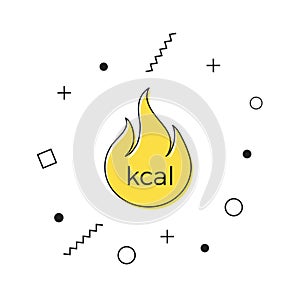 Kcal icon vector. Yellow kilocalorie fire icon with geometric shapes on white background. Calories splash effect