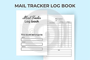KDP interior mail tracker log book. Mail incoming and outgoing diary interior. Business information logbook. Mail checklist