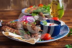 Kebab adana, chicken, lamb and beef on lavash bread with sauce.