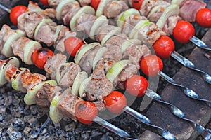 The kebab is cooked on the grill. Juicy meat on charcoal