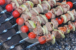 The kebab is cooked on the grill. Juicy meat on charcoal