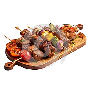 Kebab with grilled Beef and Vegetables on wooden plate