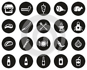 Kebab Or Kebab Shop Icons White On Black Flat Design Circle Set Big