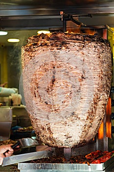 Kebab meat rotating, known as donor or shawarma.