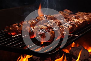 Kebab roasting on a grill with fire generated by AI