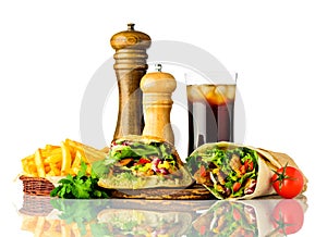Kebab and Shawarma Sandwich with Cola on White