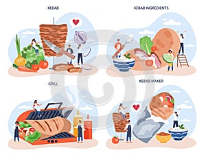 Kebab street food concept set. Chef cooking delicious roll