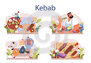 Kebab street food concept set. Chef cooking delicious roll with meat