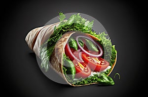 kebab wrap, product studio photo, dark black background, fresh salad tomato onion,